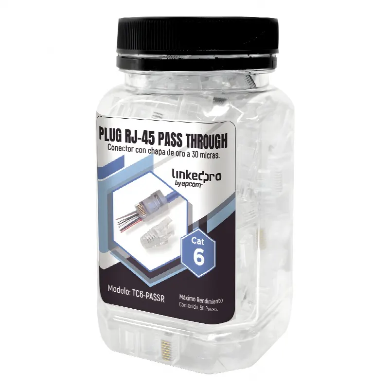 Bote con 50 Plugs Pass through RJ45 Cat6 sin blindaje, con alivio de tensión incluido, chapado de oro a 30 micras para durabilidad extrema