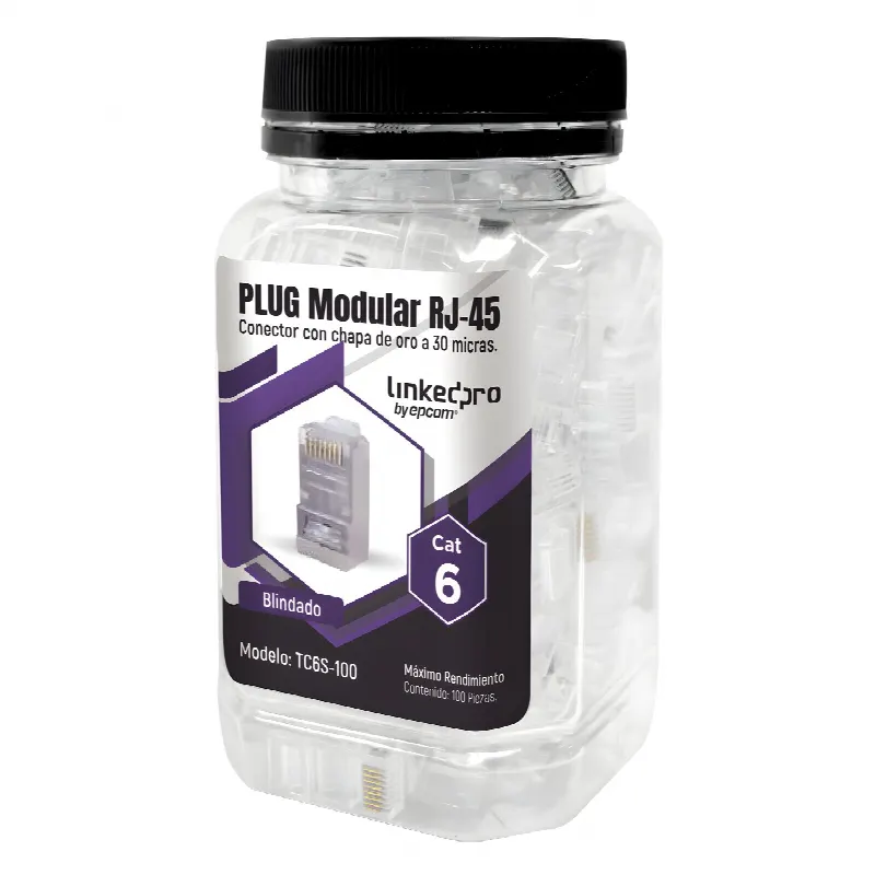Bote con 100 Piezas de Plug Modular RJ45 Cat6 blindado, chapado de oro a 30 micras para durabilidad extrema SIN PIN DE TIERRA