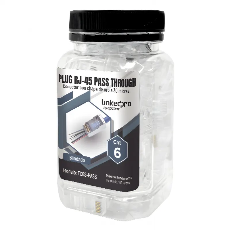 Bote con 100 Plugs Pass through RJ45 Cat6 BLINDADO chapado de oro a 30 micras para durabilidad extrema