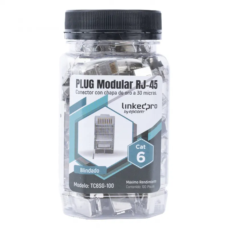 Bote con 100 Piezas de Plug Modular RJ45 Cat6 blindado con pin de tierra, chapado de oro a 30 micras para durabilidad extrema
