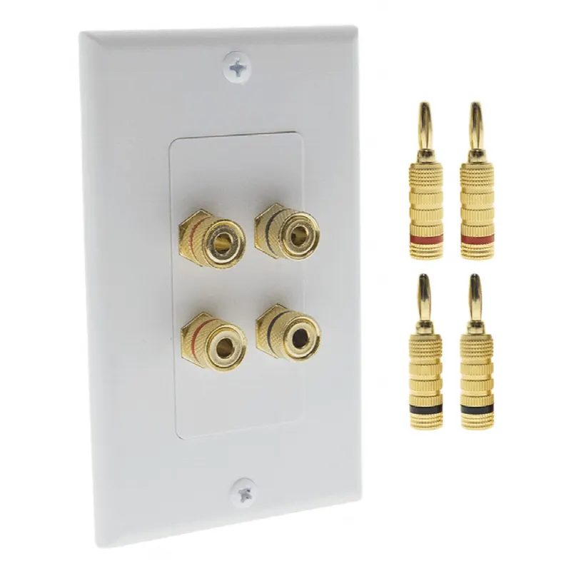 Placa de Pared para Altavoz / 2 Altavoces / 4 Postes Banana / Conectores Chapados en Oro / 75 x 115 x 15 mm / Sin Soldadura / Rojo / Negro