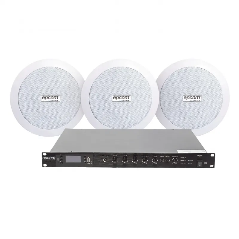 Kit de Amplificador de 120W RMS para Rack / Salida 100V/4Ω / 3 Altavoces de Plafón Coaxiales 5.5" / Sistema 70/100V / Bluetooth, MP3, USB, FM / 4 Entradas de Micrófono / Resistente a Humedad