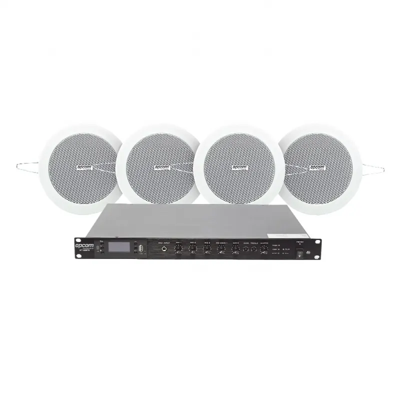 Kit de Sonido Ambiental / Amplificador 120W RMS / 4 Altavoces de 4in / Sistema 70/100V / Bluetooth y MP3 / Falso Techo
