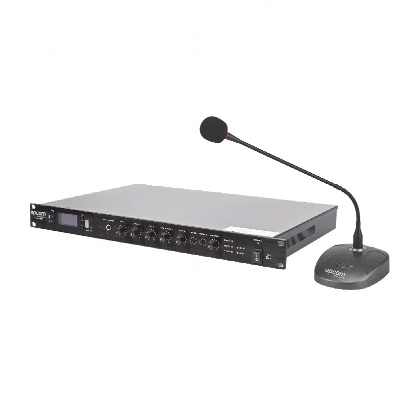 Kit Amplificador de Voceo / 120W RMS / Salida 100V/4Ω / Bluetooth / USB / MP3 / FM / 4 Entradas de Micrófono / Micrófono de Escritorio