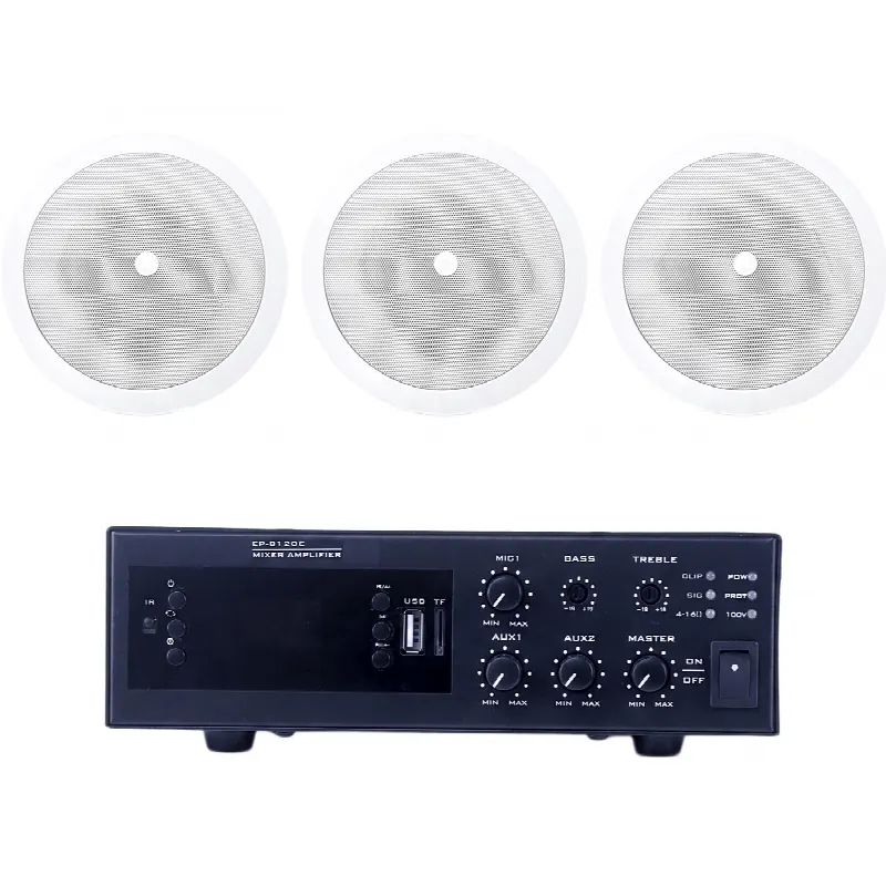 Kit de Sonido Ambiental / Amplificador 120W / 3 Altavoces de Plafón 5" / Sistema 70/100V / Bluetooth y USB / Entrada XLR Phantom 48V