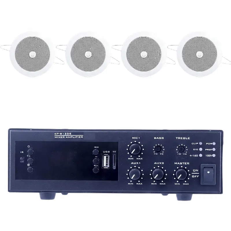 Kit de Sonido para Instalación / Amplificador 120W / 4 Altavoces de Plafón 4" / Sistema 70/100V / Bluetooth y FM
