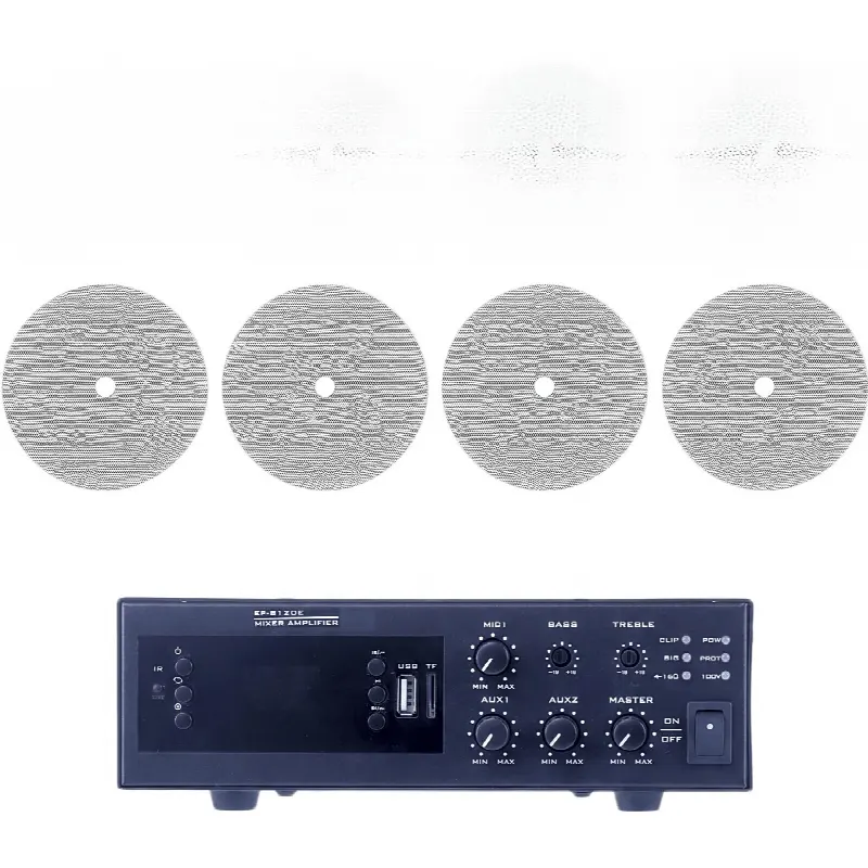 Kit de Amplificador de 120W / 4 Altavoces de Techo 6" / Sistema 70/100V / Bluetooth / MP3 / FM / USB