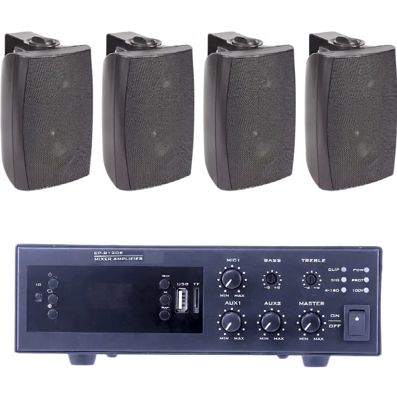 Kit de Audio para Instalaciones / Amplificador 120W / 4 Altavoces de Pared 2 Vías / Sistema 70/100V / Bluetooth / XLR Phantom 48V / Negro
