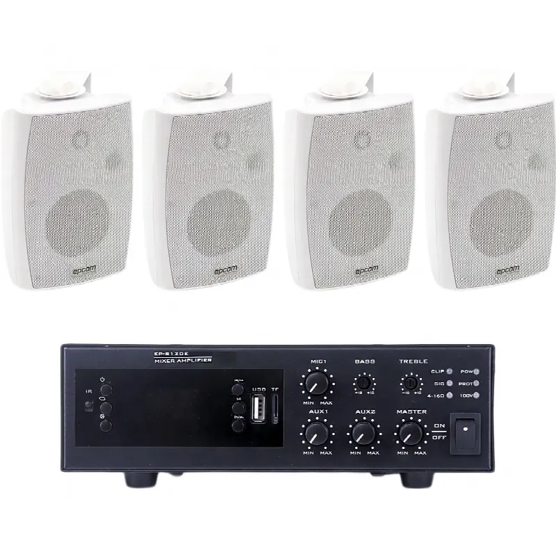 Kit de Amplificador de 120W para Escritorio / 4 Altavoces de Pared 2.5W - 20W / Sistema 70/100V / Bluetooth / USB / FM / XLR con Phantom 48V / Blanco