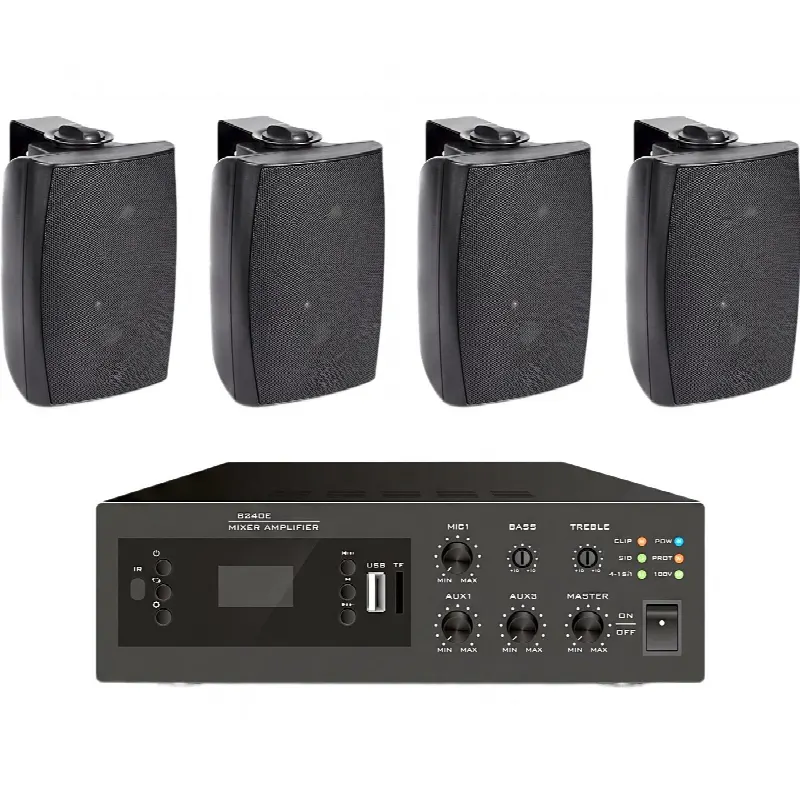 Kit Amplificador de Audio / 240W / Bluetooth FM MP3 / 4 Altavoces de Pared 2 Vías / Sistema 70/100V / Phantom 48V / Negro
