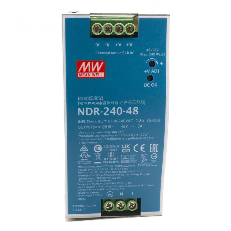 Fuente de Poder Industrial / 240 Watts / 48 VCD / 5 Amp / Montaje Riel DIN / 88.5% Eficiencia / 2.48 x 4.47 x 4.93 pulgadas