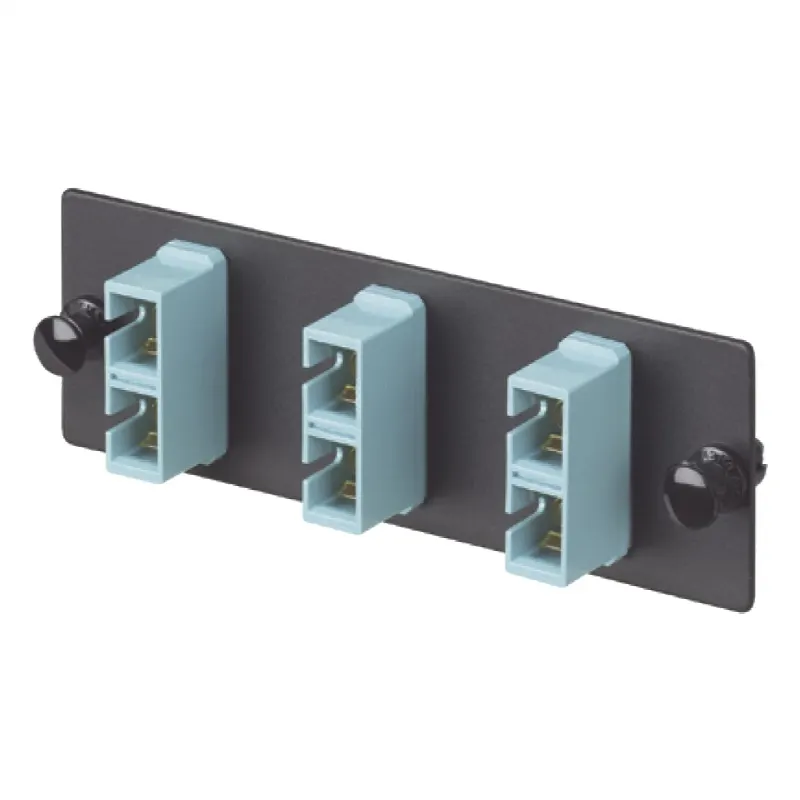 Placa Acopladora de Fibra Optica FAP, Con 3 Conectores SC Duplex (6 Fibras), Para Fibra Multimodo OM3/OM4, Color Aqua