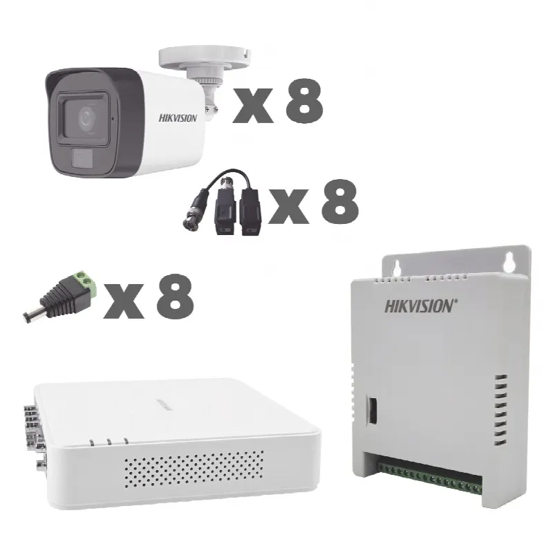 Kit TurboHD / DVR 8 Canales / Audio por Coaxitron / 8 Cámaras 1080p / Micrófono Integrado / Luz Blanca + IR / Fuente Ajustable 12-15 V