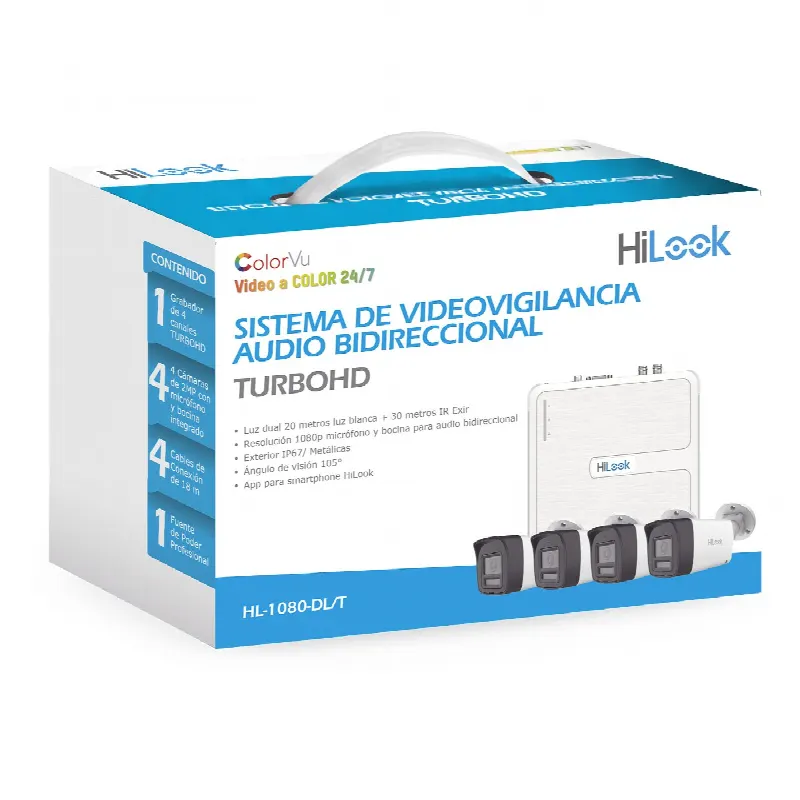 Kit TurboHD / DVR 4 Canales / 4 Cámaras Bala 1080p Lite / Visión Nocturna 20 m (65.6 ft) / Audio Bidireccional / Dual Light / H.265+ / Fuente de Poder Profesional / Cables Siameses 18 m (59.1 ft)