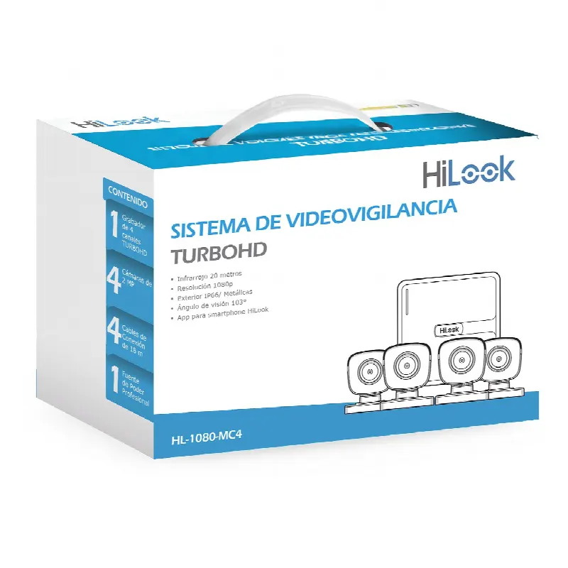 Kit TurboHD / 4 Canales / 4 Cámaras Bala 2 Megapixel / IR 20 m (65.6 ft) / H.265+ / IP66 / HDMI y VGA Simultáneo