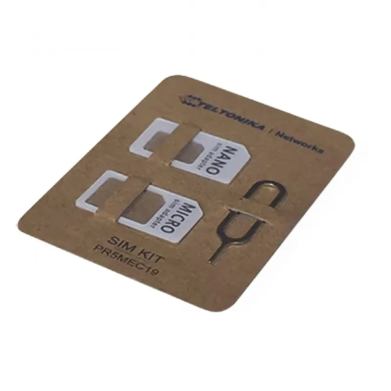 Kit de Adaptador SIM / Cartón Kraft Ecológico / Aguja Acero Inoxidable 0,60 mm / Adaptadores Nano y Micro SIM / Peso 1 g