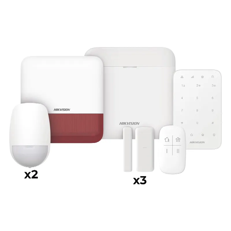 (AX PRO) KIT de Alarma AXP RO / Incluye: 1 Hub / 2 Sensores PIR / 3 Contactos Magnéticos mini / 1 Control Remoto / 1 Sirena Estrobo en color Rojo Inalambrica Exterior /1 Teclado Inalámbrico / WiFi / Compatible con Hik-Connect P2P
