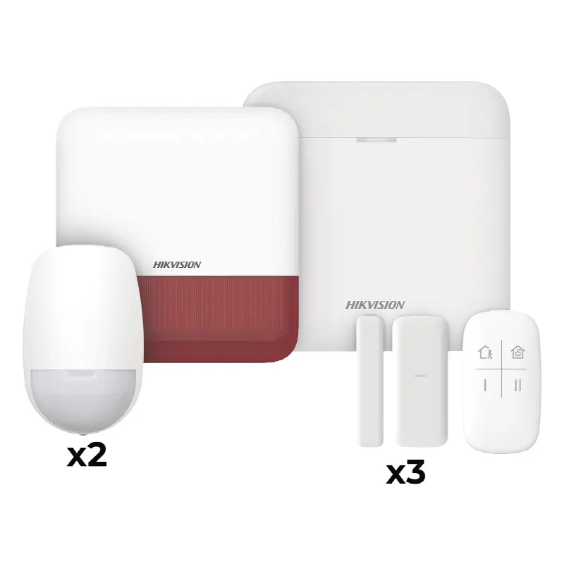 (AX PRO) KIT de Alarma AX PRO con GSM (3G/4G) / Incluye: 1 Hub con bateria de respaldo / 2 Sensores PIR / 3 Contactos Magnéticos mini / 1 Control Remoto / 1 Sirena estrobo Roja Inalambrica Exterior  / WiFi / Compatible con Hik-Connect P2P