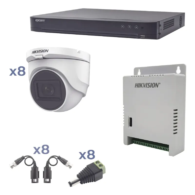 Kit TURBOHD 1080p / DVR 8 Canales / 8 Cámaras Turret (exterior 2.8 mm) / Conectores / Transceptores / Fuente de Poder Profesional hasta 15 Vcc para Larga Distancia