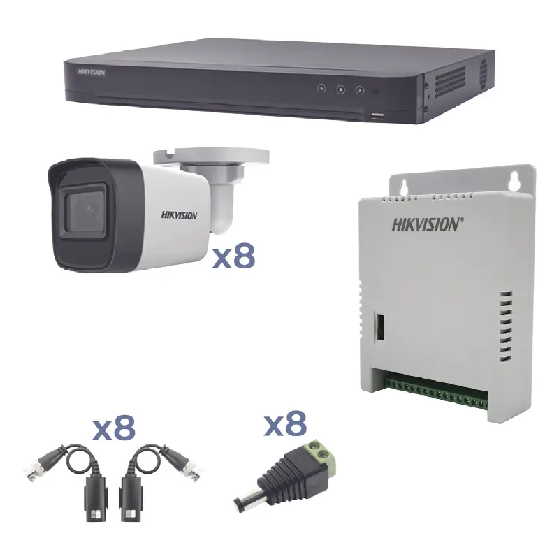 KIT TurboHD 1080p / DVR 8 Canales / 8 Cámaras Bala (exterior 2.8 mm) / Transceptores / Conectores / Fuente de Poder Profesional hasta 15 Vcc para Larga Distancia
