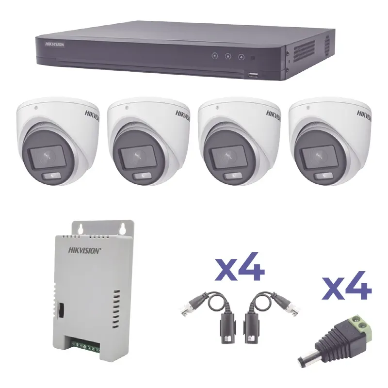 KIT COLORVU TURBOHD 1080p / DVR 4 Canales / 4 Cámaras eyeball (exterior) lente 2.8mm / Fuente de poder profesional / Transceptores de video y Accesorios de corriente