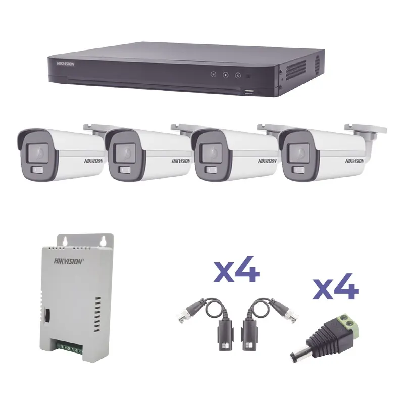 KIT COLORVU TURBOHD 1080p / DVR 4 Canales / 4 Cámaras Bala (exterior) lente 2.8mm / Fuente de poder profesional / Transceptores de video y Accesorios de corriente