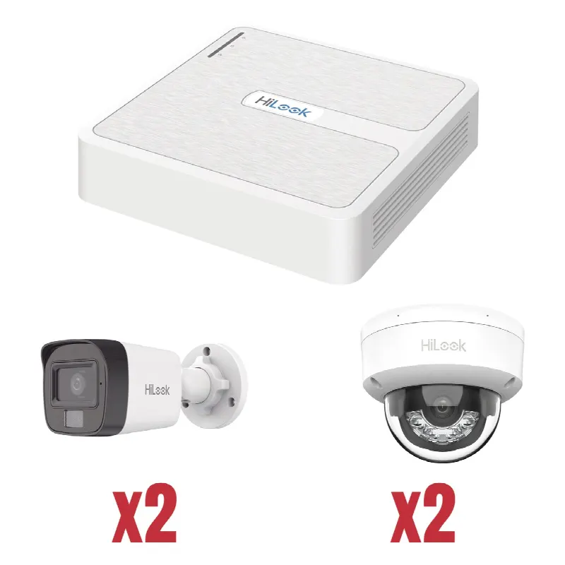 Kit IP 1080p (2 Megapixel) / NVR de 4 Canales con 4 Puertos PoE / 2 Cámaras IP Bala para Exterior / 2 Cámaras IP Domo para Exterior