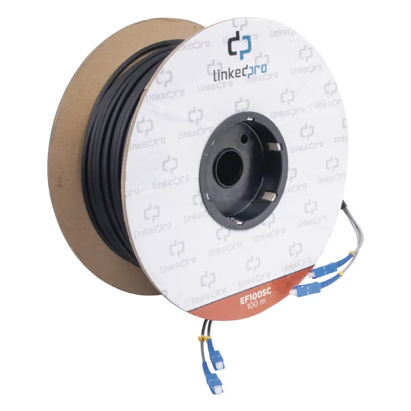 Carrete de Fibra Óptica Monomodo con conectores SC-SC Duplex, Reforzada con Kevlar, de 100 metros (328.08 ft)