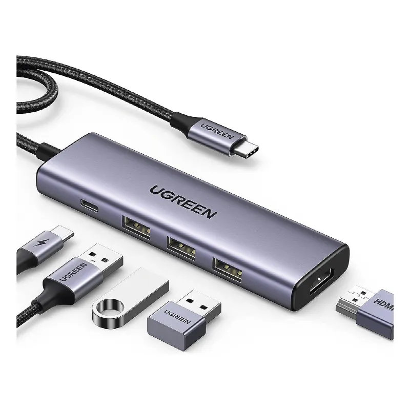 HUB USB-C (Docking Station) 5 en 1 | HDMI 2.0 4K@30Hz | 3 USB-A 3.0 (5Gbps) | USB-C PD Carga 100W | Potente Disipación de Calor | Chip de Ultima Generación | Cable de Nylon Trenzado de 25 cm | Carcasa de Aluminio.