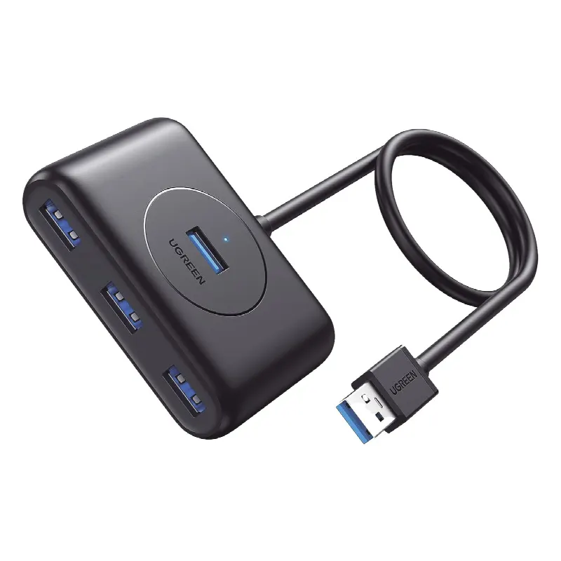 HUB USB-A 3.0 4 en 1 | 4 Puertos USB-A 3.0 (5Gbps) | Entrada USB-C (PD 5V2A) | Cable de 1 Metro | Indicador Led | Ideal para Transferencia de Datos | Entrada USB-C para alimentar equipos de mayor consumo | Color Negro.