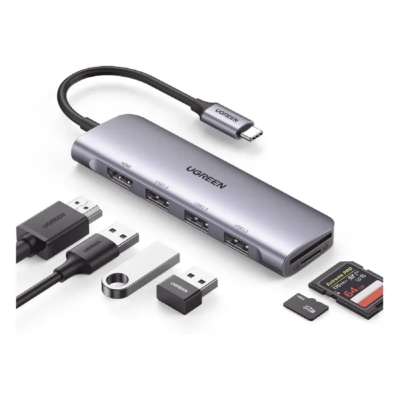HUB USB-C (Docking Station) 6 en 1 | HDMI 4K@30Hz | 3 Puertos USB 3.0 | Lector Tarjeta SD + Micro SD (TF) Uso Simultáneo | Chip de Última Generación | Potente Disipación de Calor |  Caja de Aluminio.